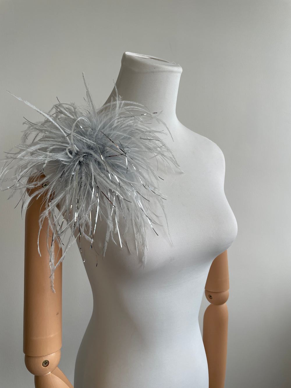 Grey Marabou Feather Brooch with Silver Thread