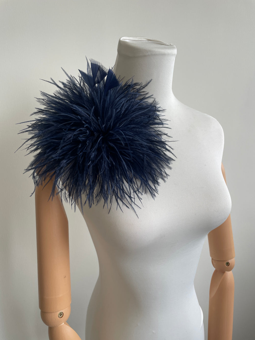 Navy Blue Ostrich Feather Brooch with Triangle Feather Accents