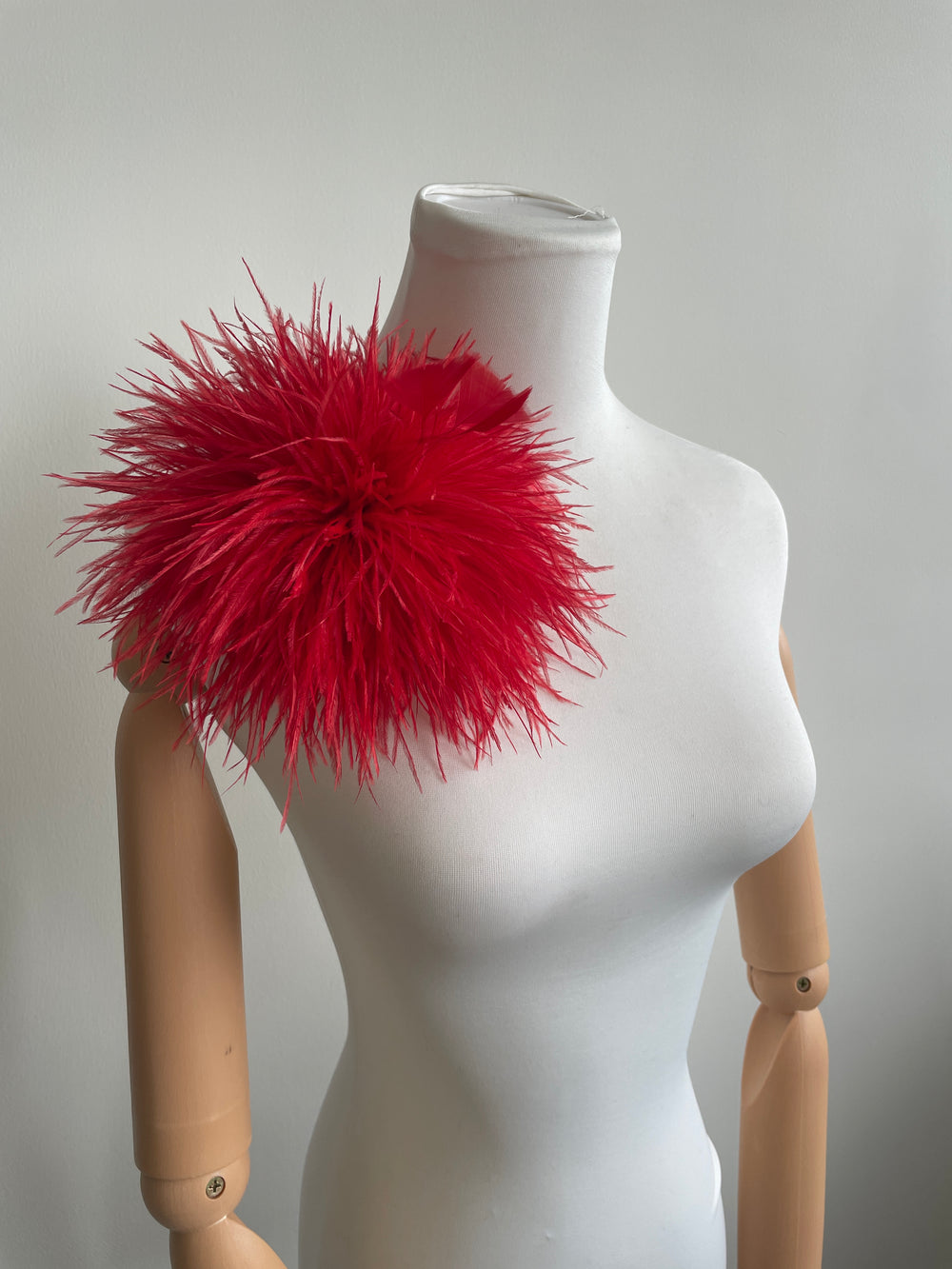 Red Ostrich Feather Brooch with Triangle Feather Accents