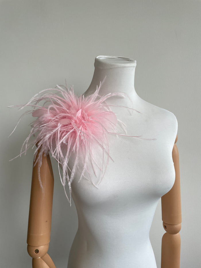 Pink Ostrich Feather Brooch with Large Turkey Feather Accents