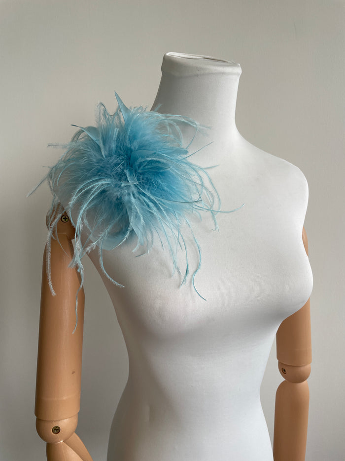 Sky Blue Ostrich Feather Brooch with Large Turkey Feather Accents