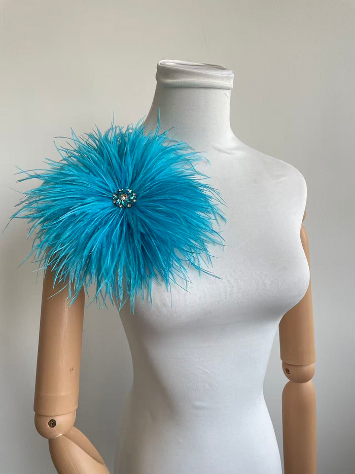 Lake Blue Rhinestone Ostrich Feather Brooch