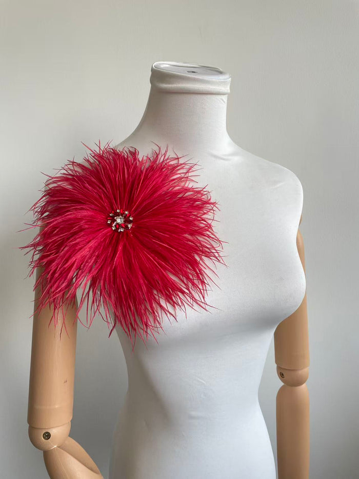Red Rhinestone Ostrich Feather Brooch