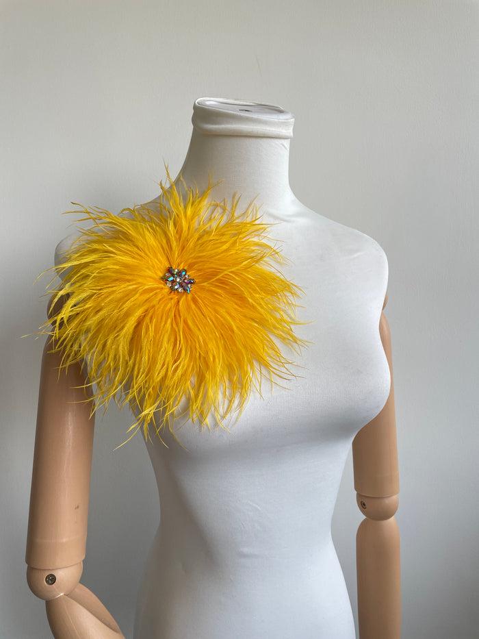 Gold Rhinestone Ostrich Feather Brooch