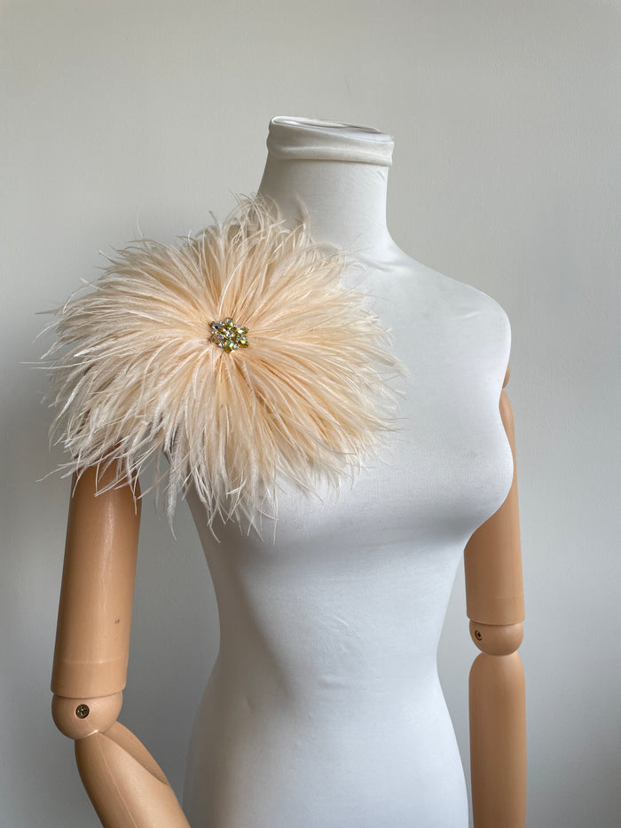 Champagne Rhinestone Ostrich Feather Brooch