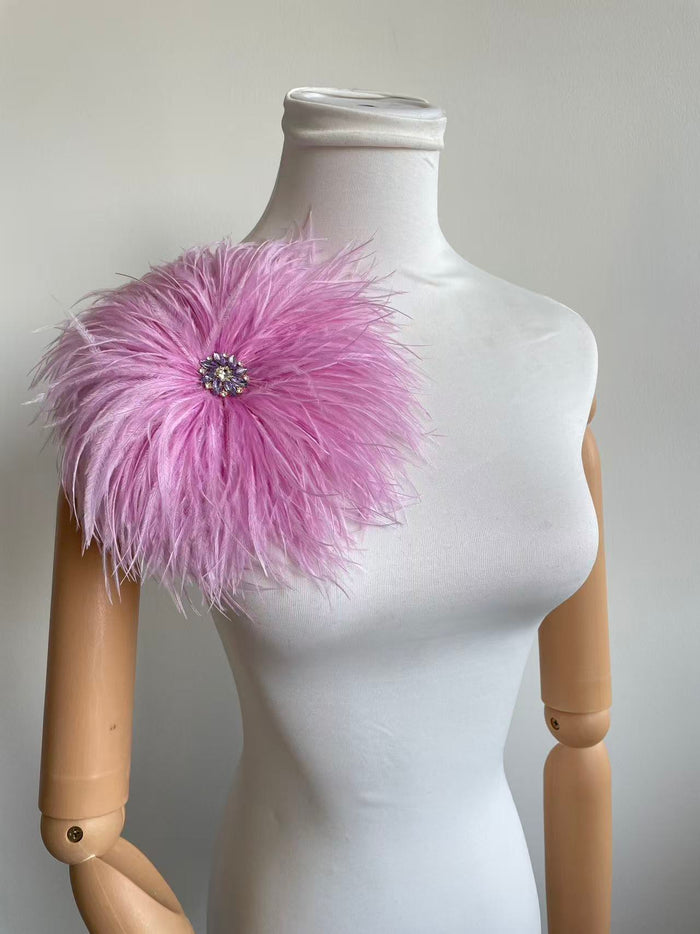 Pink Rhinestone Ostrich Feather Brooch