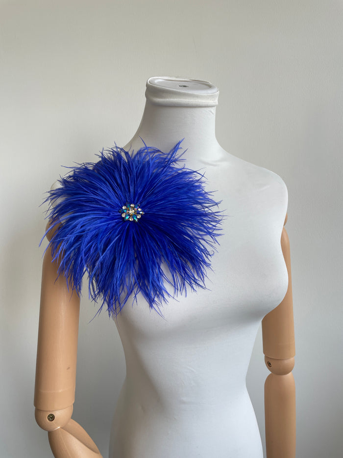Royal Blue Rhinestone Ostrich Feather Brooch