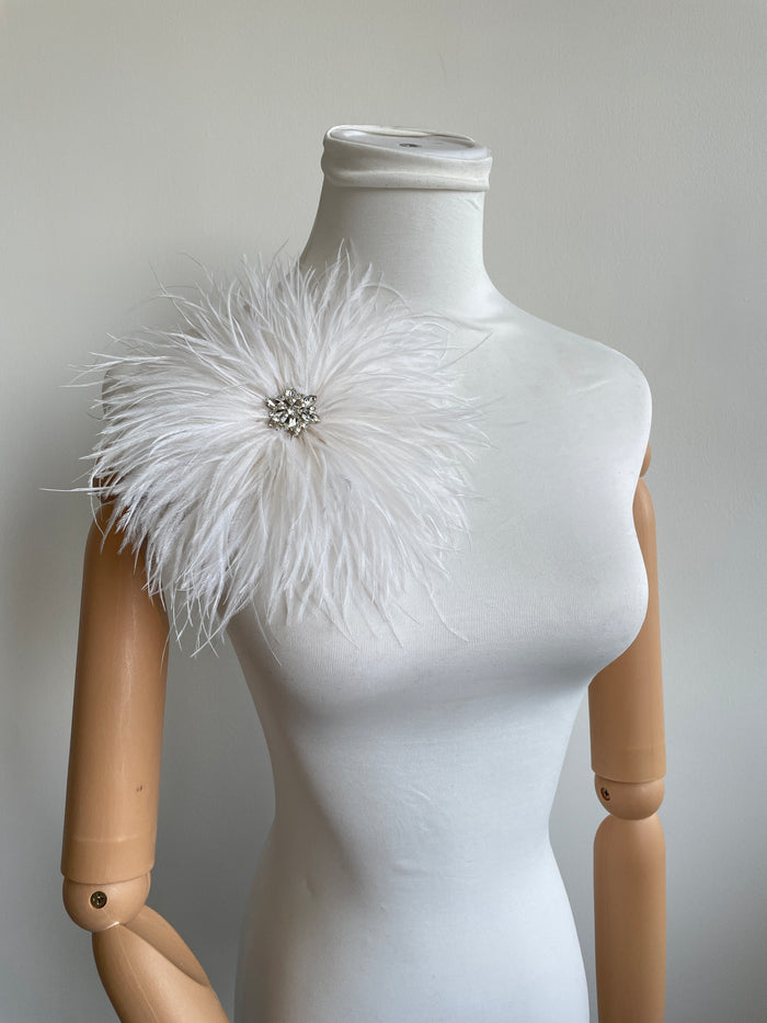 White Rhinestone Ostrich Feather Brooch