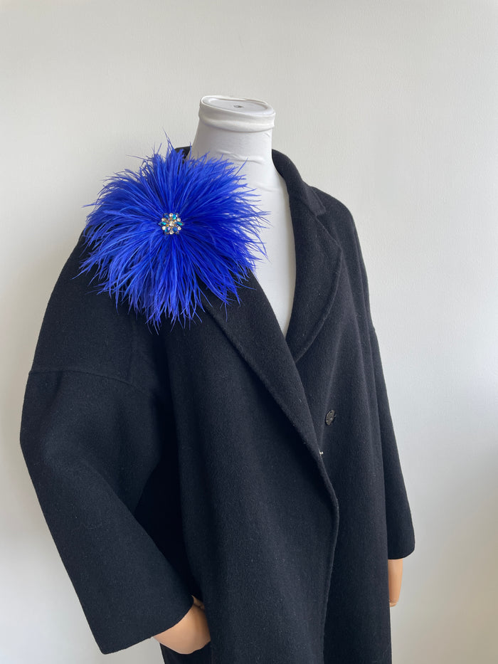 Royal Blue Rhinestone Ostrich Feather Brooch