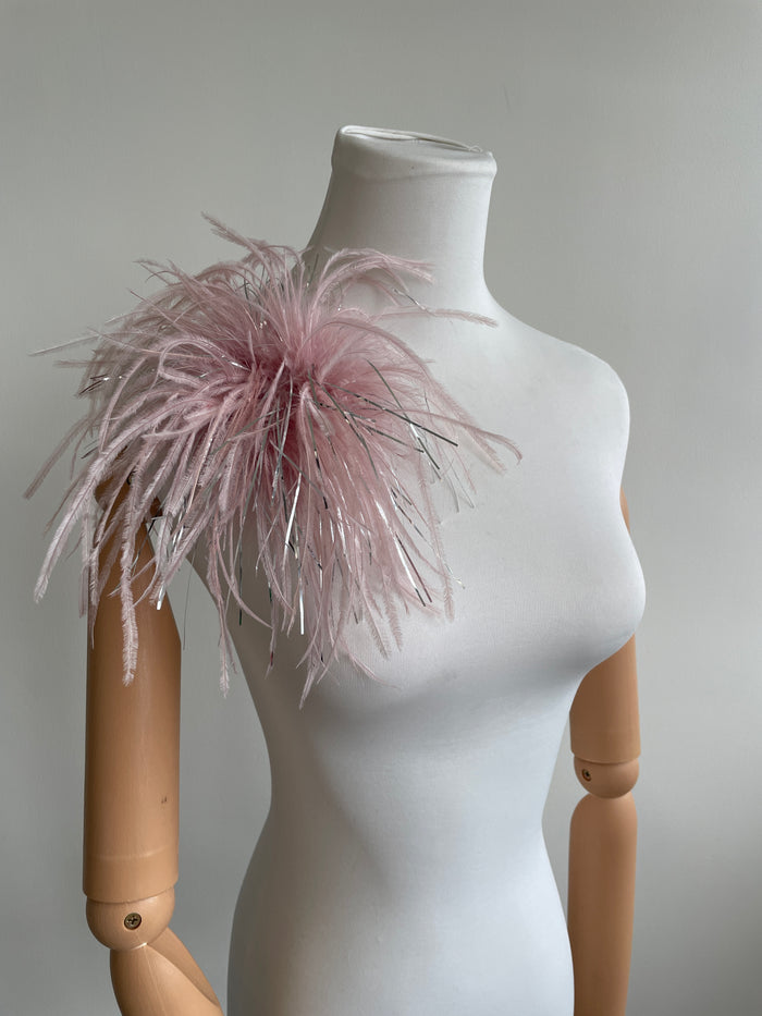 Pink Marabou Feather Brooch with Silver Thread