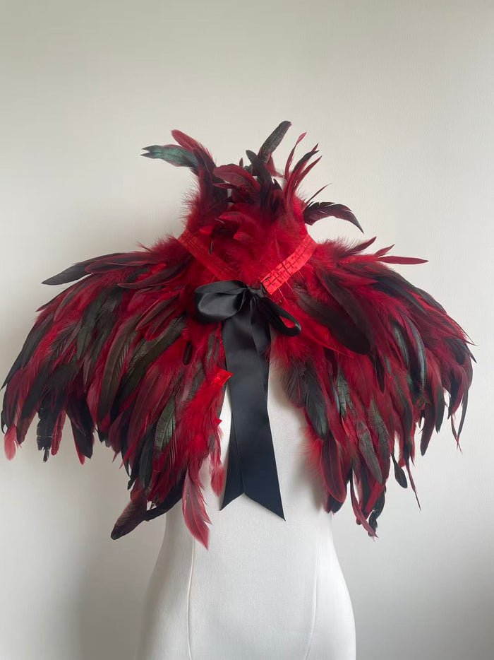 Crimson Red Feather Cape – Dramatic Statement Shawl