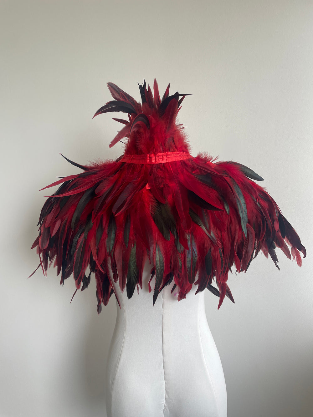 Crimson Red Feather Cape – Dramatic Statement Shawl