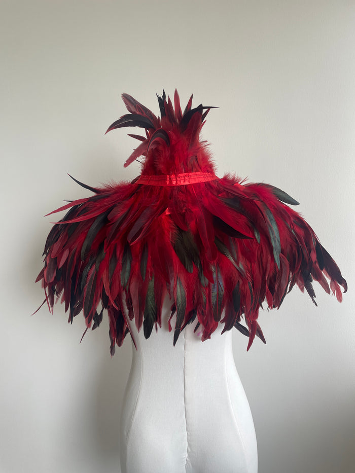 Crimson Red Feather Cape – Dramatic Statement Shawl