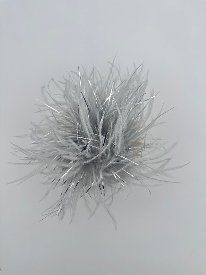 Grey Marabou Feather Brooch with Silver Thread