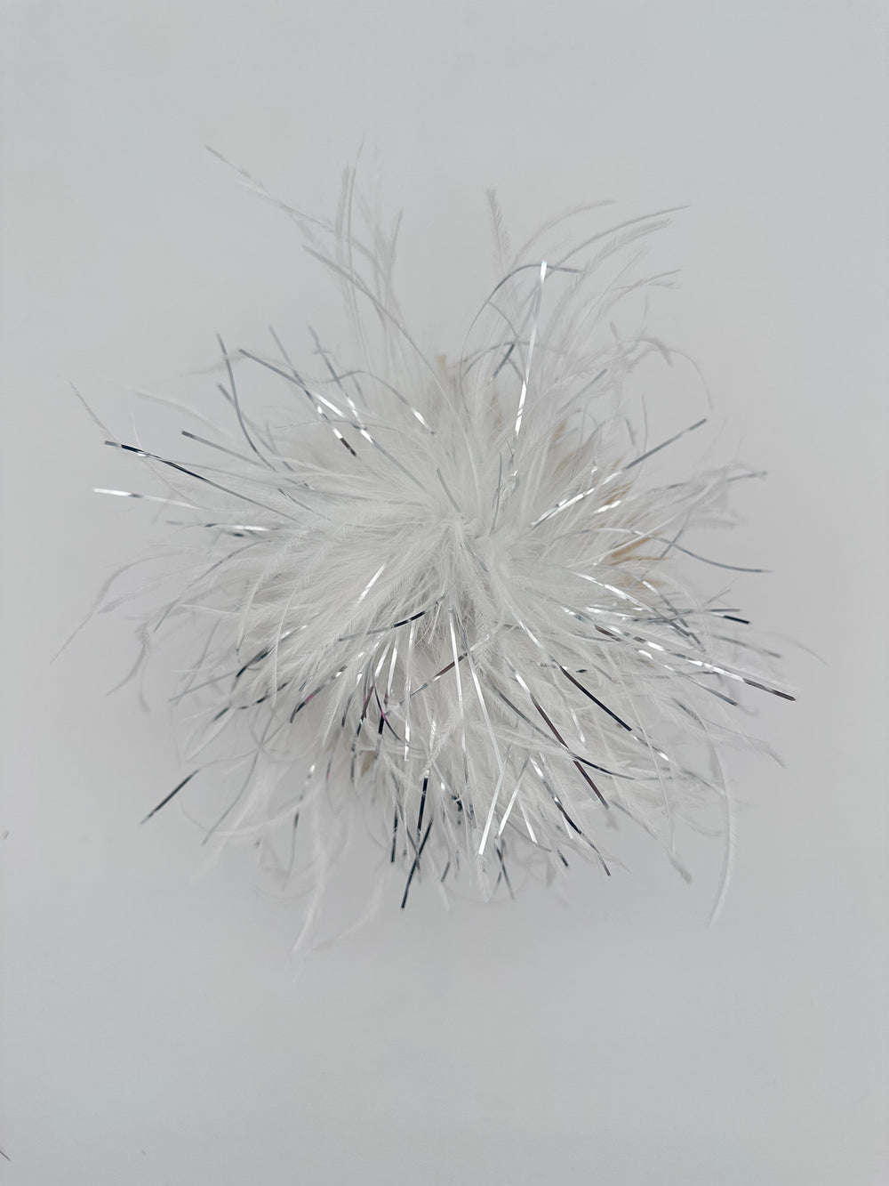 White Marabou Feather Brooch with Silver Thread