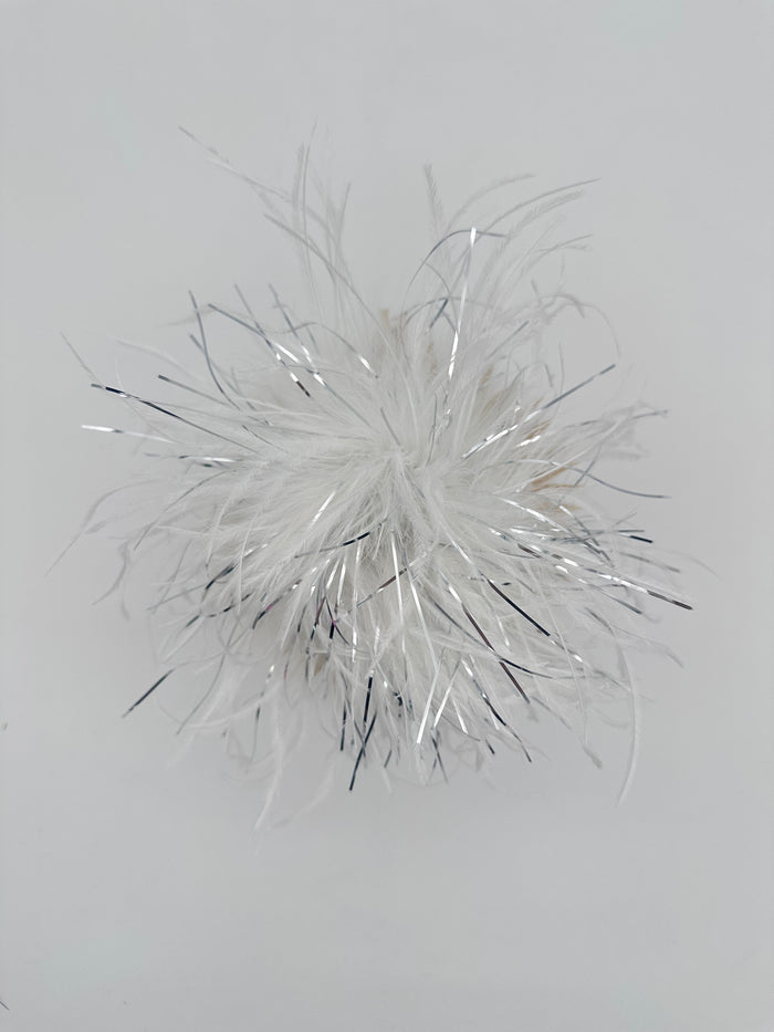 White Marabou Feather Brooch with Silver Thread