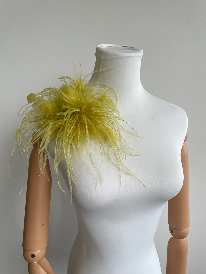 Yellow Ostrich Feather Brooch with Large Turkey Feather Accents