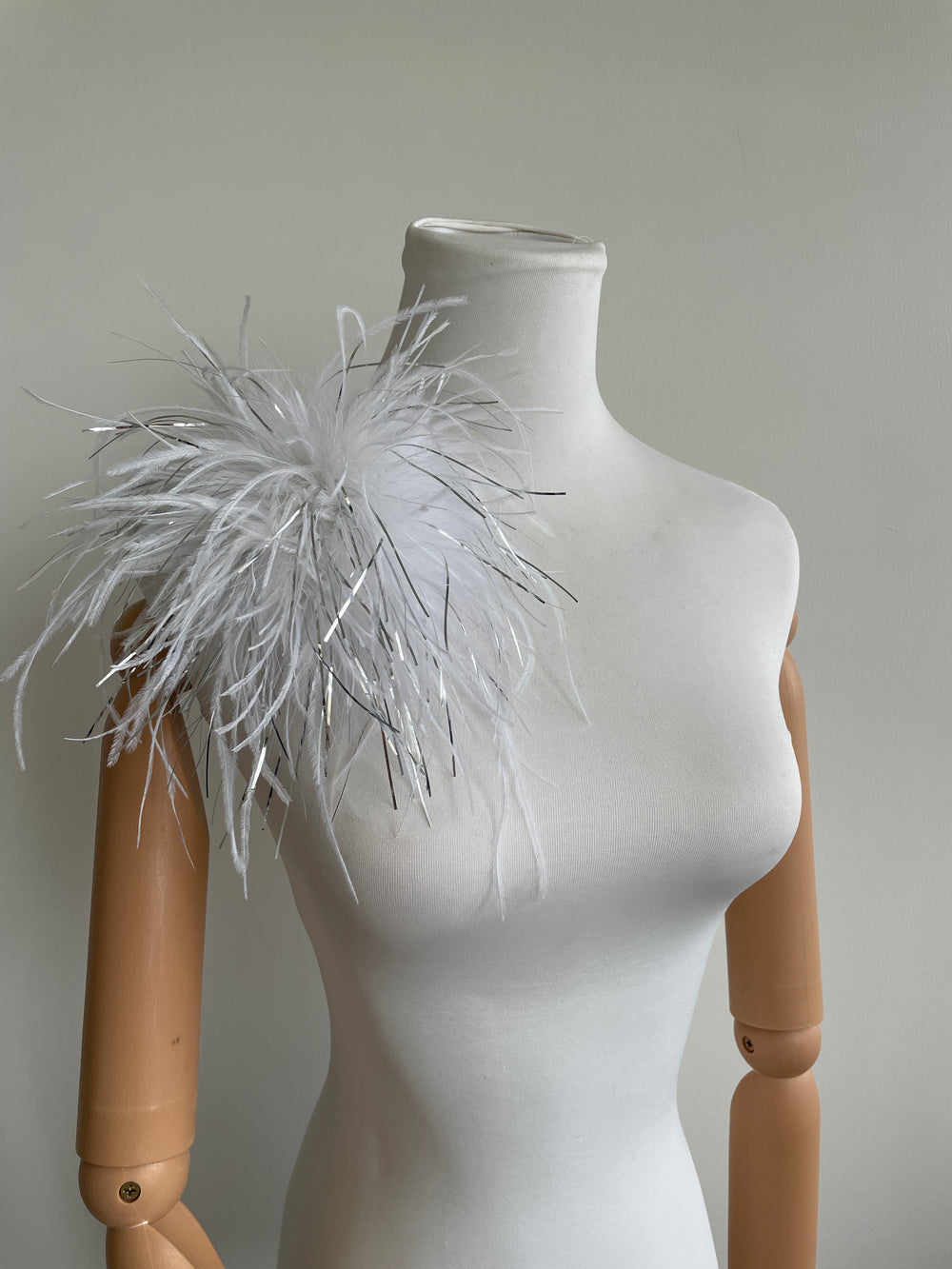 White Marabou Feather Brooch with Silver Thread