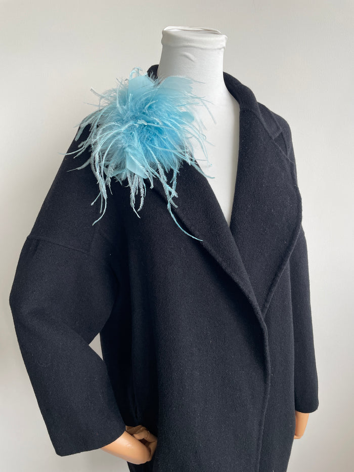 Sky Blue Ostrich Feather Brooch with Large Turkey Feather Accents
